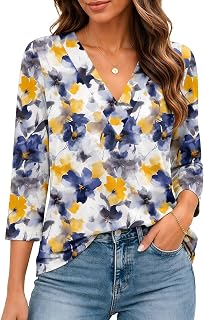 Bliwov レディース 七分袖 Vネック トップス ルーズフィット Tシャツ カジュアル ブラウス