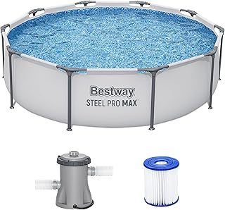 Bestway Steel Pro MAX 10' x 30" Above Ground Swimming Pool Set with Pump | Durable Round Metal Frame Outdoor Backyard Pool, Puncture-Resistant Liner - Type I Filter Cartridge Included, Gray