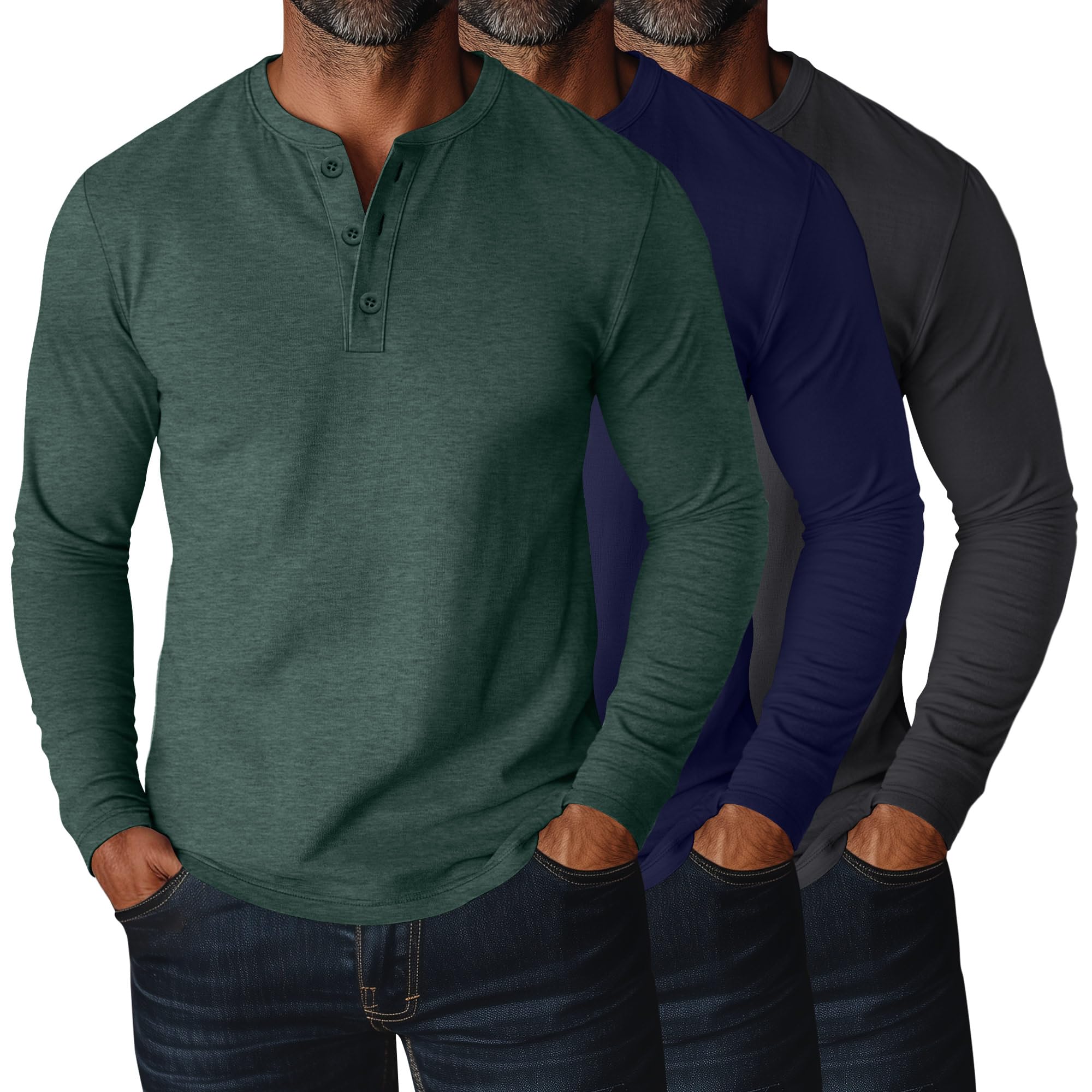Ficerd 3 Pack Men Big and Tall Shirt Long Sleeve Henley T-Shirts