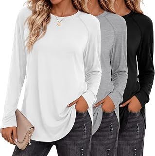 Ficerd Pack of 3 Women's Long Sleeve T-Shirt Crew Neck Raglan Sleeve Loose Fit Side Slits