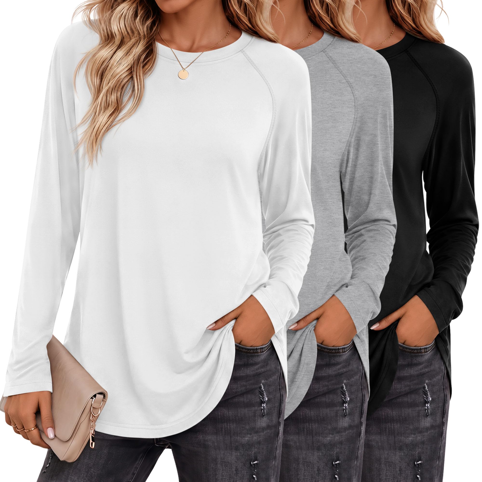 Ficerd Pack of 3 Women's Long Sleeve T-Shirt Crew Neck Raglan Sleeve Loose Fit S