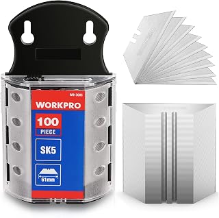 WORKPRO Utility Knife Blades, 100-Pack SK5 Steel Blades with Dispenser | Premium Steel Standard Blades for Box Cutter, Ideal for Cardboard, Leather, Carpet, Rope, Soft Metal, Pipe, etc