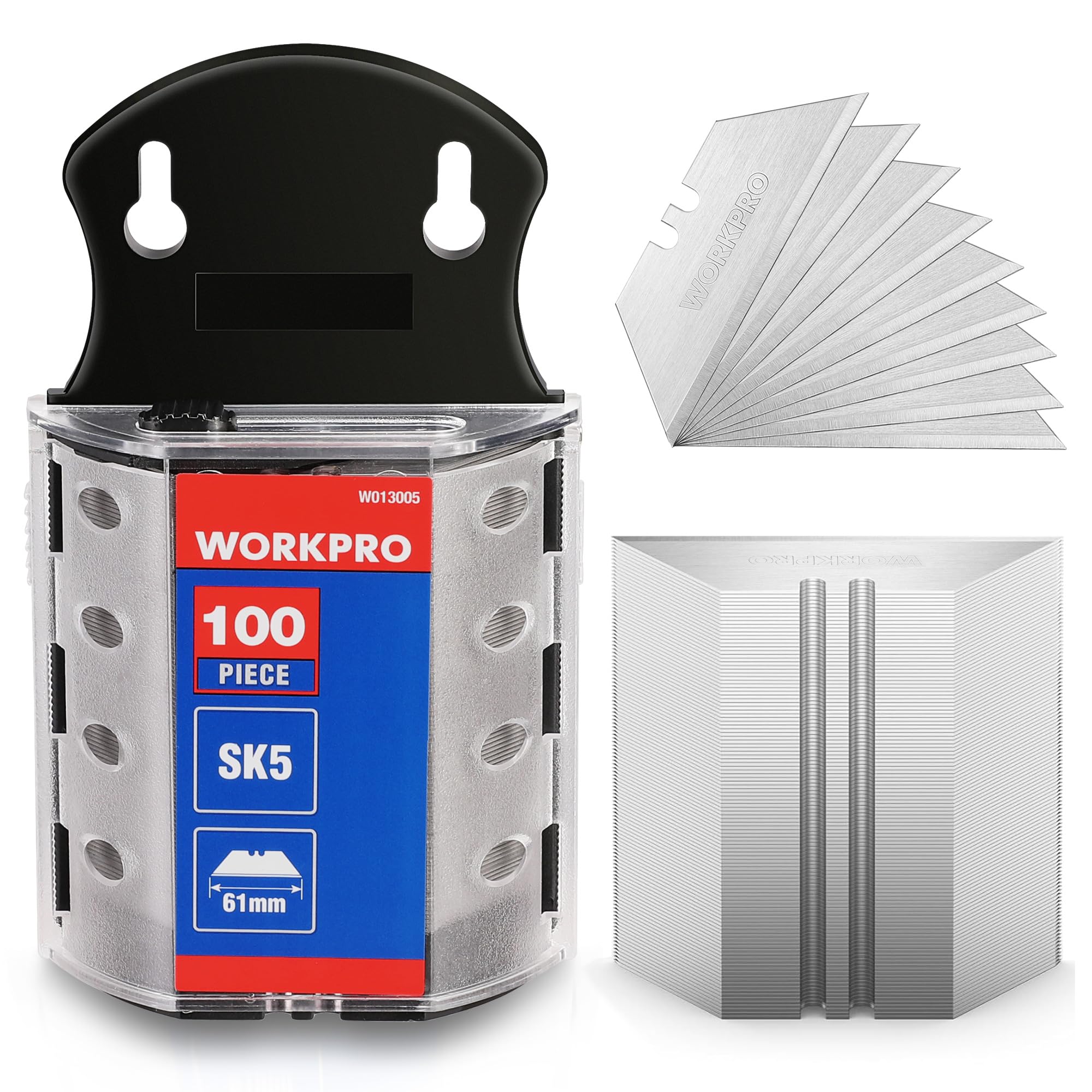 WORKPRO Utility Knife Blades, 100-Pack SK5 Steel Blades with Dispenser | Premium