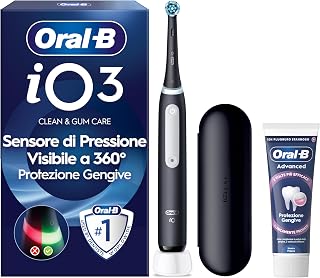 Oral-B iO 3 Electric Toothbrush, 1 Head, Case, Toothpaste, Black | 1 x Rechargeable Electric Toothbrush Replacement Heads, Travel Case + 1 Advanced Toothpaste Gum Protection