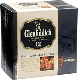 Walker’s Highland Whiskey Fruit Cake, 400g. Fruit Cake Infused with Glenfiddich Single-Malt Scotch Whisky - Luxury Holiday Treat and Dessert from Scotland