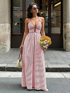 2026 Women's Striped Deep V Neck Backless Maxi Dress Summer Beach Holiday Casual Party Wear