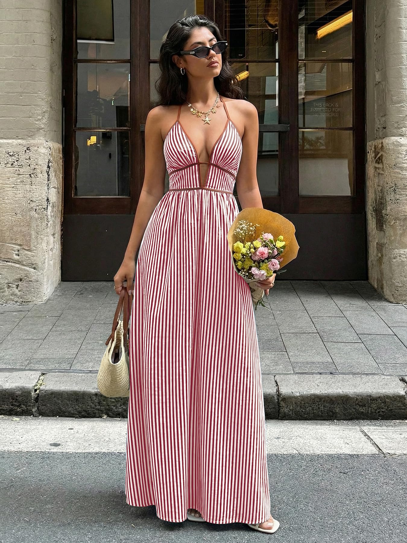 2026 Women's Striped Deep V Neck Backless Maxi Dress Summer Beach Holiday Casual