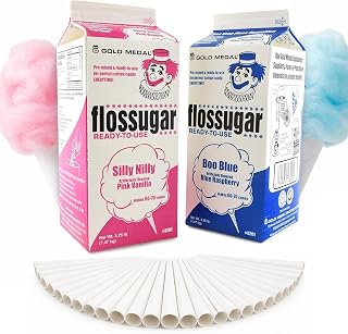 Perfectware 2 Pack Cotton Candy Floss Sugar with 100 Count Paper Cones. Pink Vanilla and Blue Raspberry. (Two 3.25 lb Containers w/100 )