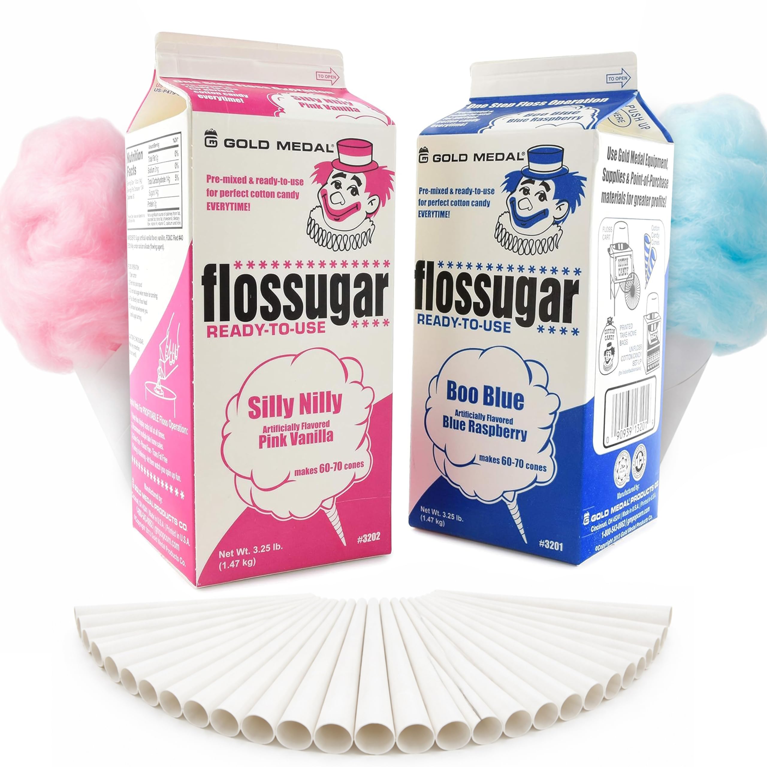 Perfectware 2 Pack Cotton Candy Floss Sugar with 100 Count Paper Cones. Pink Van