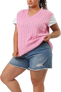 Agnes Orinda レディース セーター ベスト プラスサイズ Vネック ノースリーブ ケーブルニット プルオーバー セーター タンクトップ