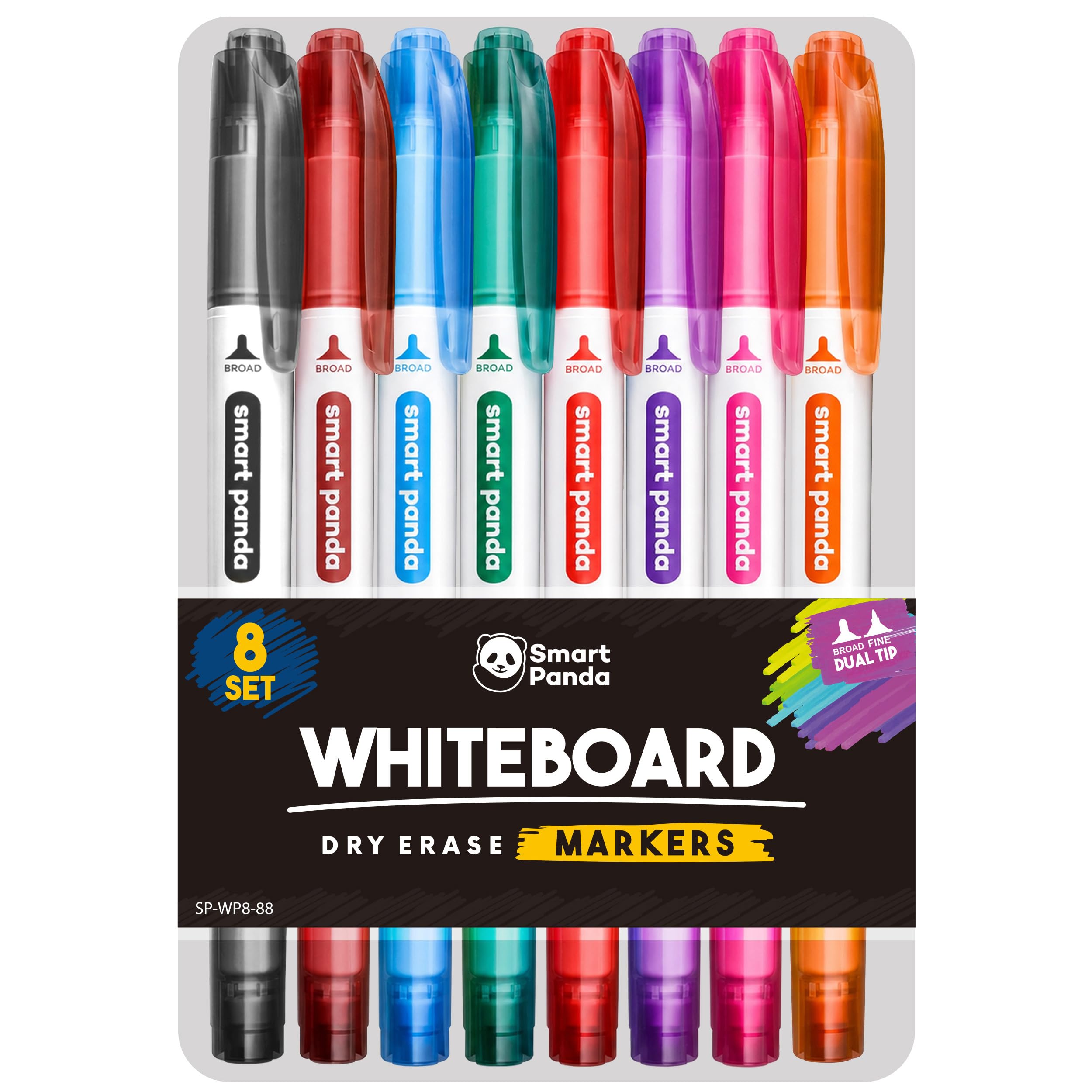 Smart Panda 8 Whiteboard Pens Dual Tip, Thin White Board Markers Erasable