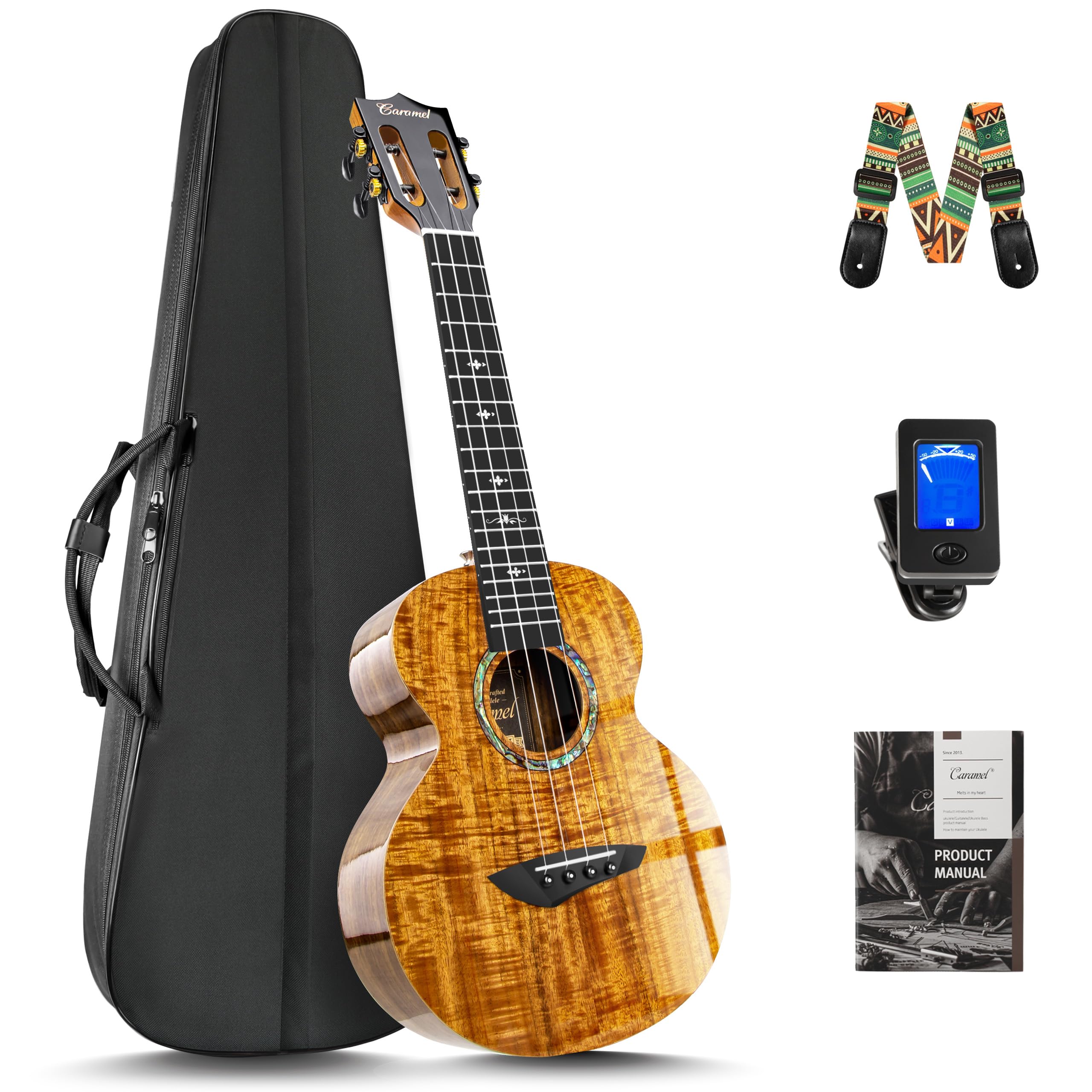 Caramel CAG28 Glossy Curly Acacia 23" Concert Ukulele | Handmade Ukelele Starter