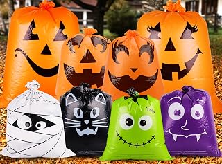 DANGIFTUS 16 Pack Halloween Leaf Bags Pumpkin Garbage Bags, 8 Designs | Yard Waste Bags with Twist Ties, Large Outdoor Lawn Decorations for Garden, Porch and Autumn Décor
