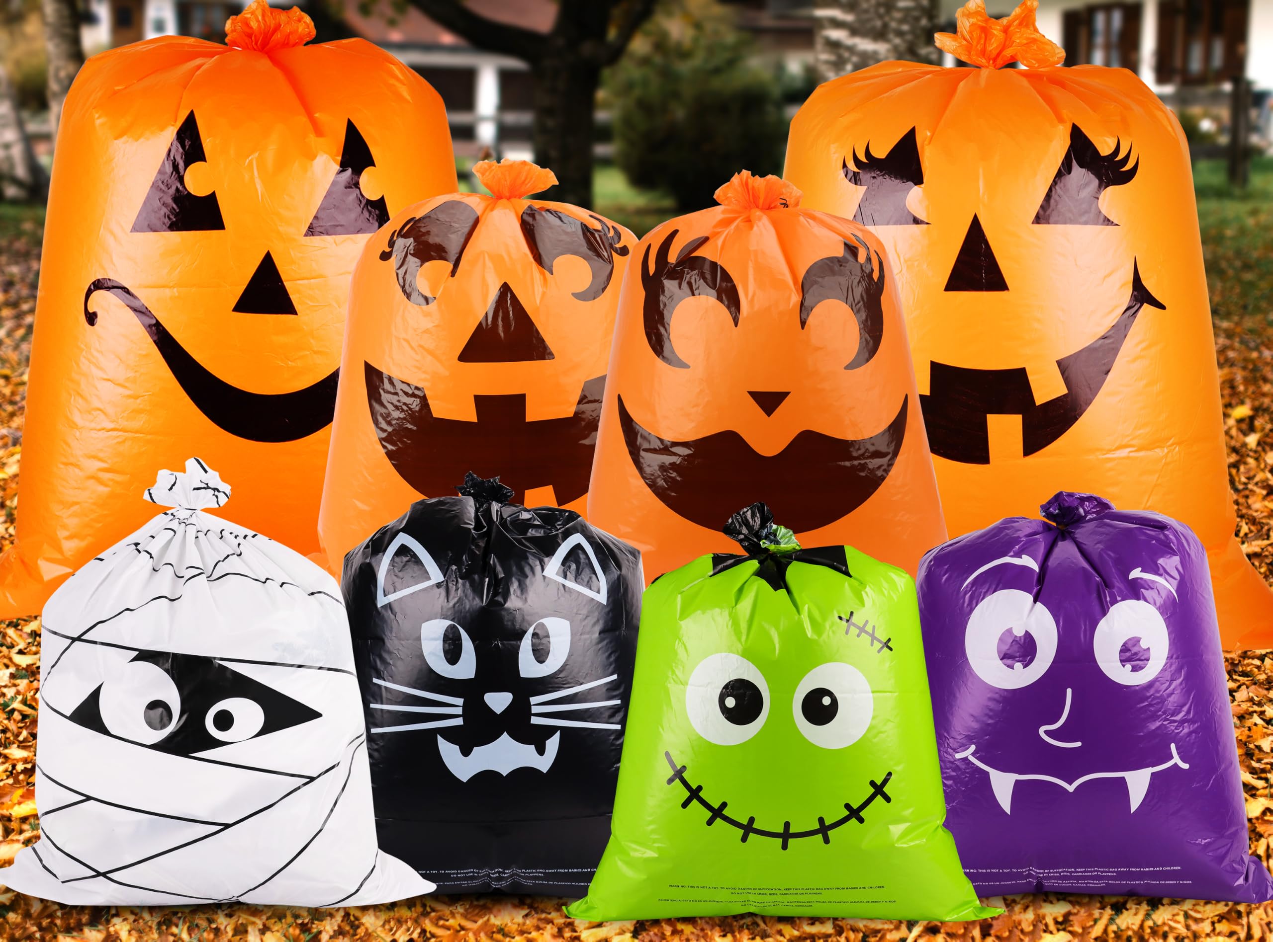 DANGIFTUS 16 Pack Halloween Leaf Bags Pumpkin Garbage Bags, 8 Designs | Yard Was