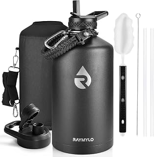 RAYMYLO One Gallon Water Bottle Insulated 128 oz, Stainless Steel | Triple Walled Vacuum (Cold for 48 Hrs), Leak Proof & Non-BPA, Large Water Flask Jug with Paracord Handle & Straw Spout Lids