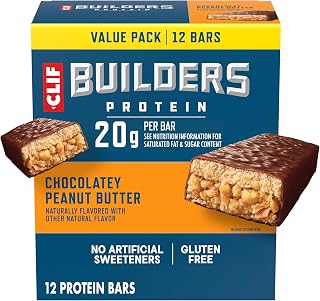 CLIF BUILDERS Protein Bars, Chocolatey Peanut Butter, Gluten Free, 12 ct | 20g Plant Based Protein, Non-GMO Project Verified, No Artificial Sweeteners, Low Glycemic, Certified Kosher