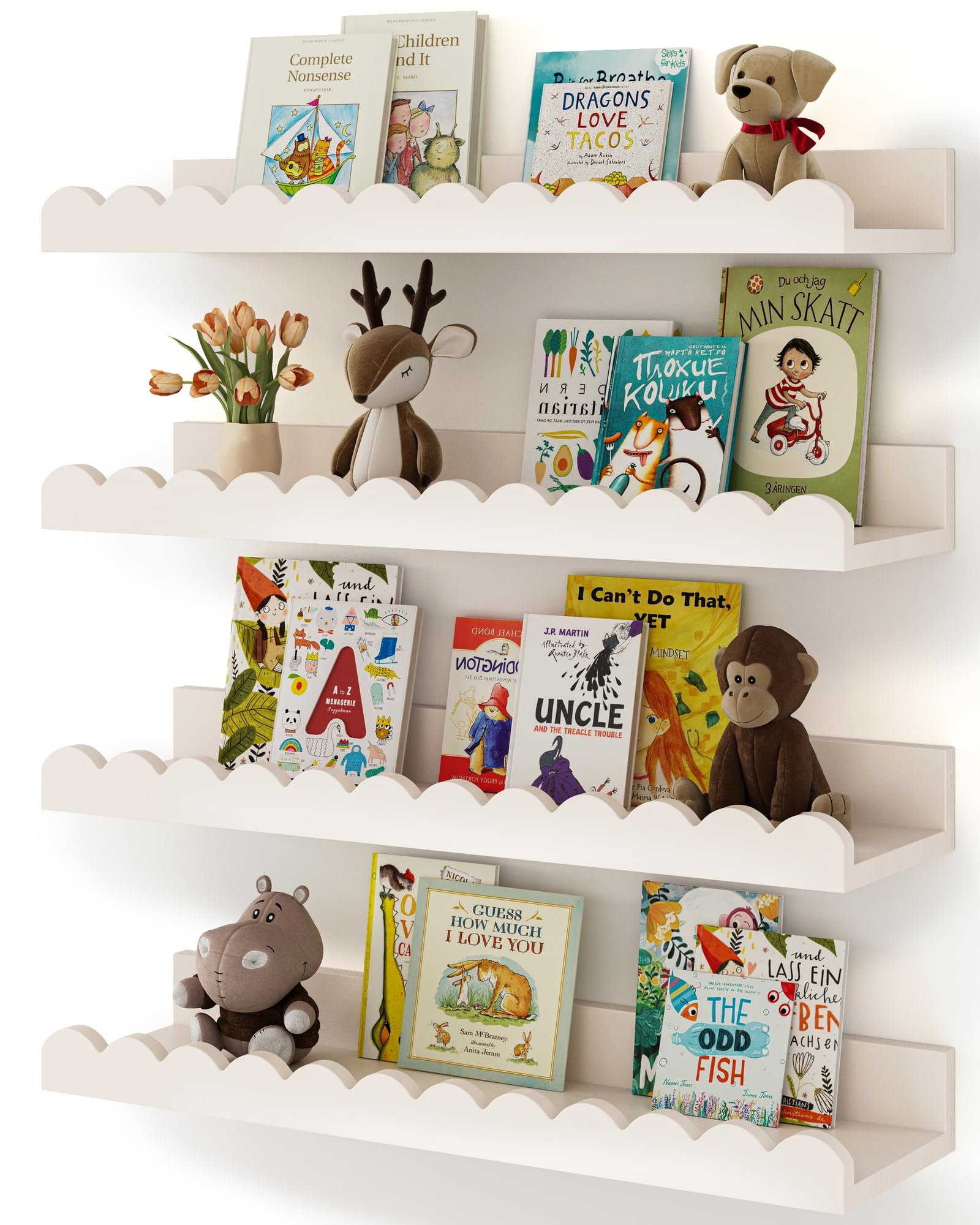 Shario Nursery Book Shelves, 4-Pack White Floating Shelves for Wall Kids, Scallo