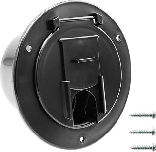 Halotronics RV Electric Cable Hatch 5 inch Round 30, 50 Amp Cords Black | 5 inch round power cord hatch in black. Snap-close lid, easy-grip handle. Fits 30 and 50 amp RV shore power cords.