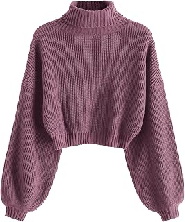 ZAFUL Women's Cropped Turtleneck Sweater Lantern Sleeve Ribbed Knit Pullover Sweater Jumper