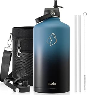 BUZIO 1 Gallon Water Jug with Straw Lid, 102000g Double Wall Stainless Steel Water Bottle, 18/8 Food Grade Thermos, Keep Cold 48 Hours and Hot 24 Hours