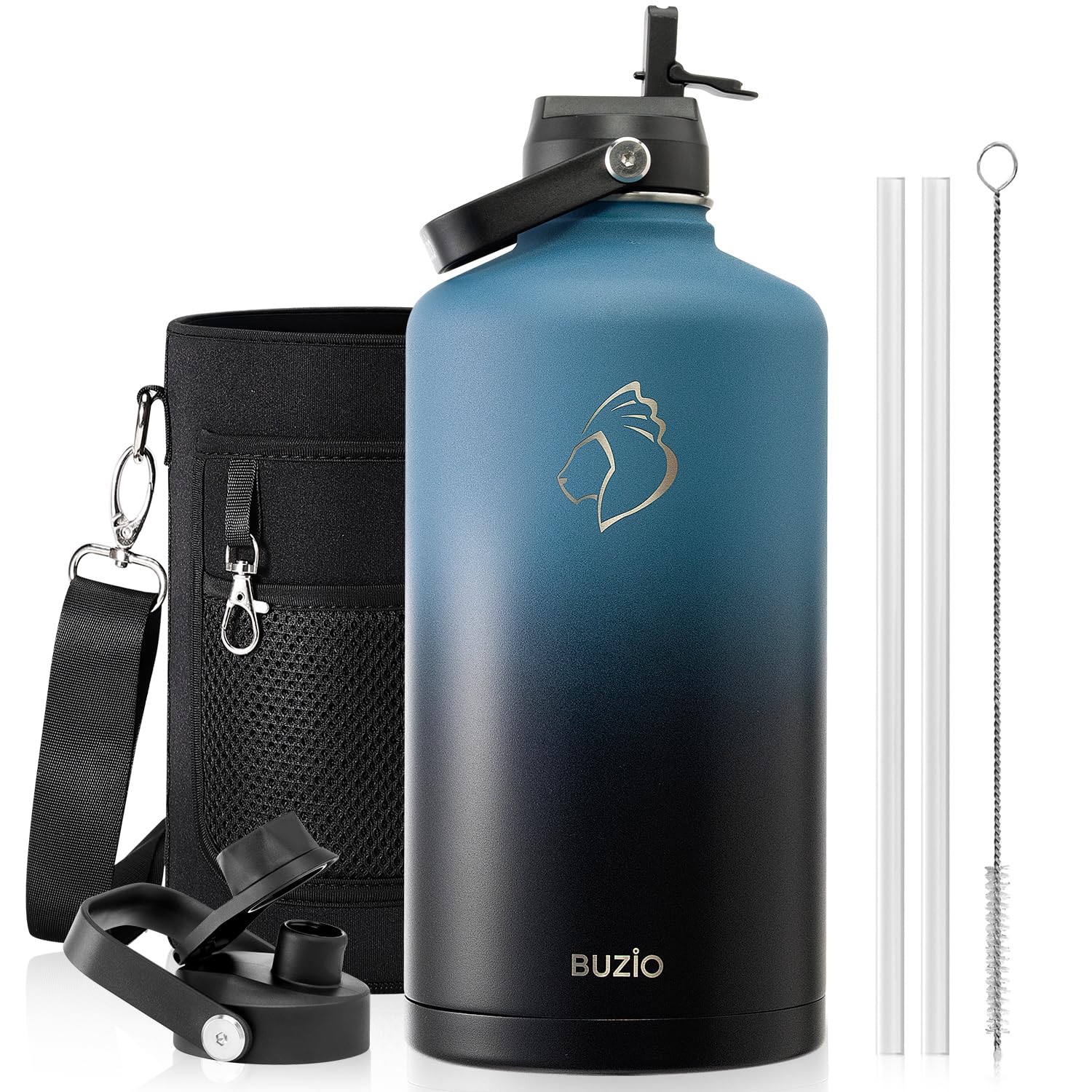 BUZIO 1 Gallon Water Jug with Straw Lid, 102000g Double Wall Stainless Steel Wat