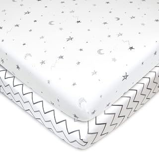 TL Care 2 Pack 100% Cotton Fitted Pack and Play Sheet 39"x27" | Pack N Play Sheets,Gray Star/ Zigzag, for Playpen, Playard &amp; Mini Crib Mattress - Soft &amp; Breathable, Neutral for Boys &amp; Girls