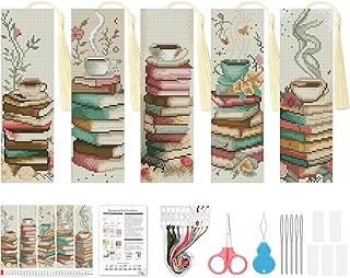 VIGEGU 5 Pack Coffee Book Cross Stitch Bookmark Kits for Adult Beginners | Full 14 CT Stamped Cross Stitch Bookmarks Kits for Women,Embroidery Bookmark Kit for Starter Adults Book Lovers 8x2.4 inch