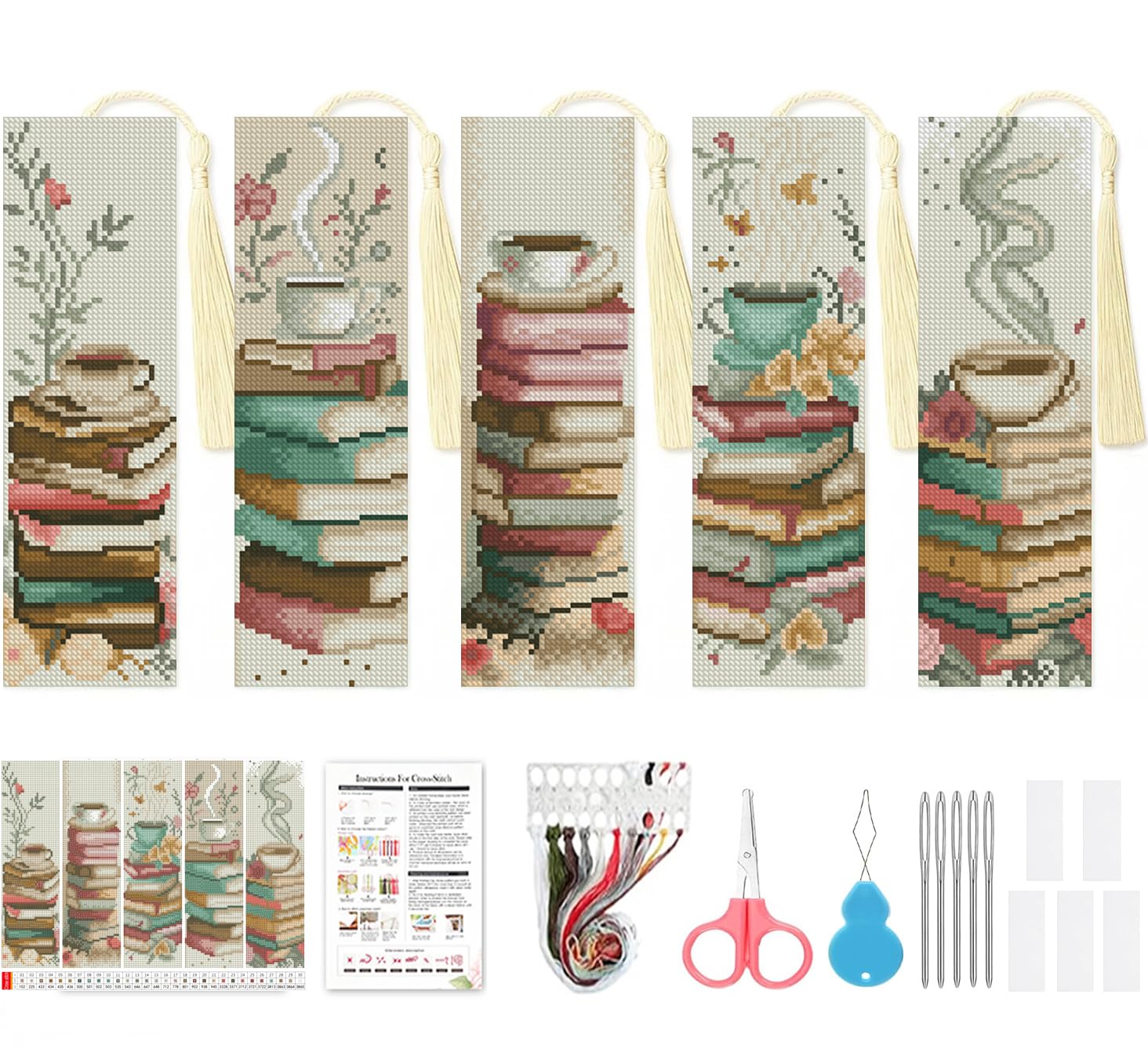 VIGEGU 5 Pack Coffee Book Cross Stitch Bookmark Kits for Adult Beginners | Full 