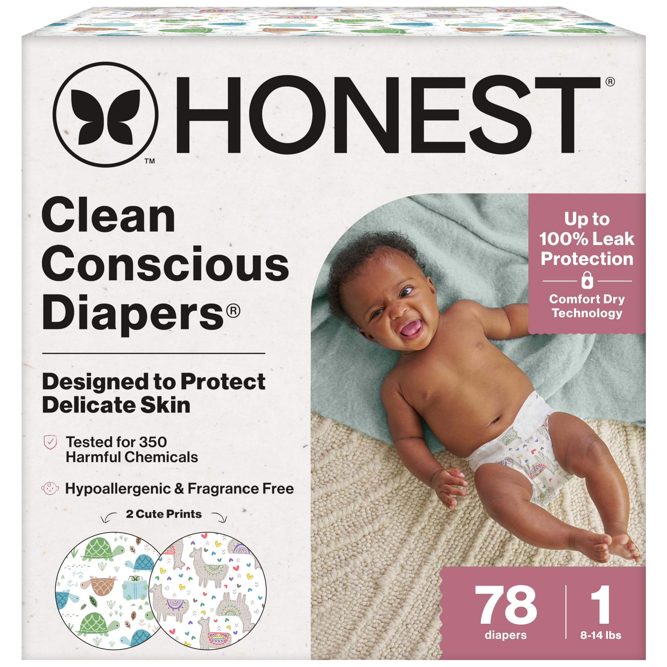 The Honest Company Diapers, All the Alpacas + Turtle Time, Size 1, 78 Count | Ba