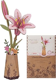 Wowood 3D Flower Wooden Puzzles for Adults-Pink Lily, DIY Wooden Flowers Model Kit Building Set Crafts Gifts for Mothers Day, Artificial Collection/Ideal Creative Gift Ideas/Housewarming (73PCS)