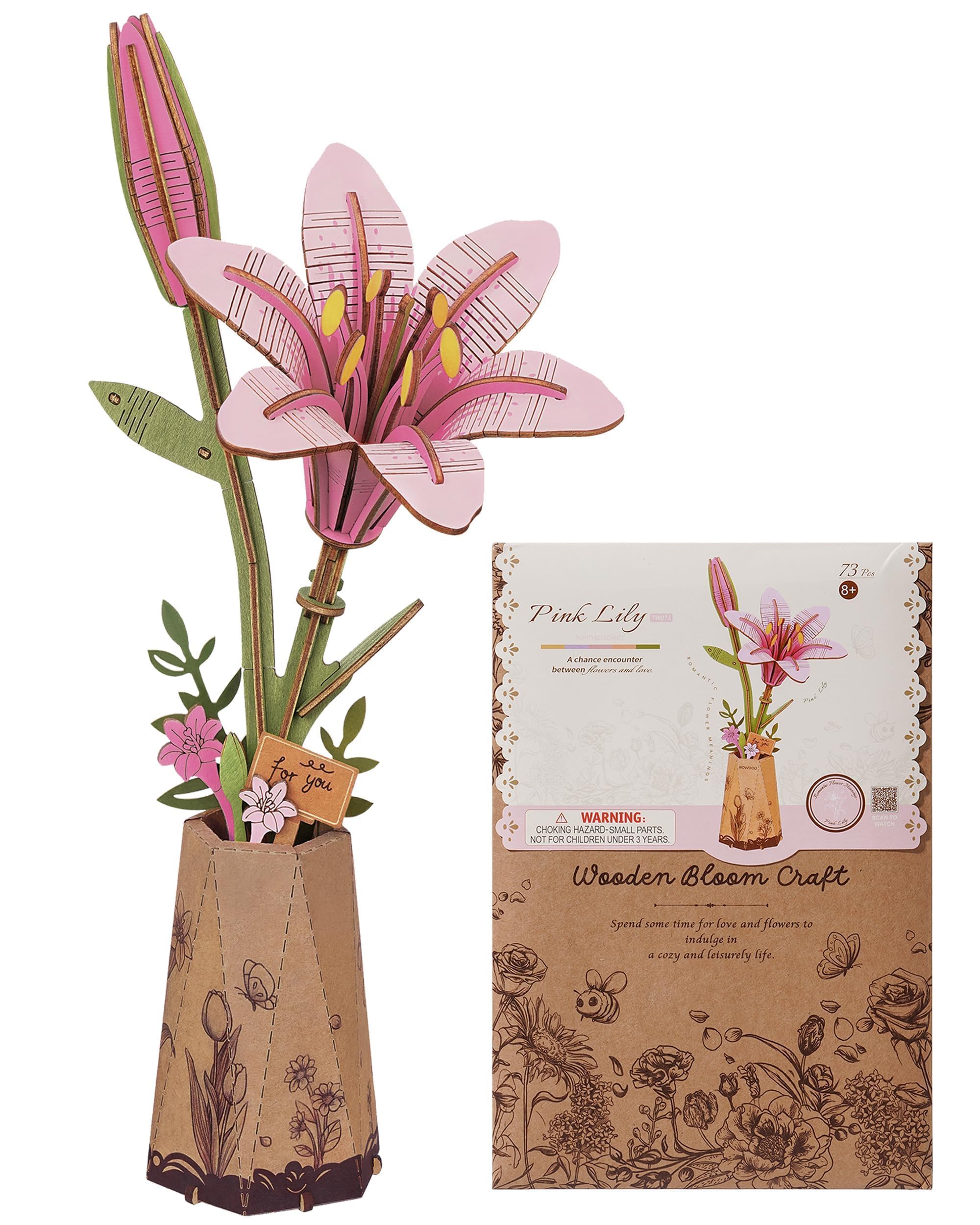 Wowood 3D Flower Wooden Puzzles for Adults-Pink Lily, DIY Wooden Flowers Model K