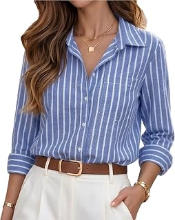 Esabel.C Striped Button Down Shirts for Women Linen Shirt Long Sleeve