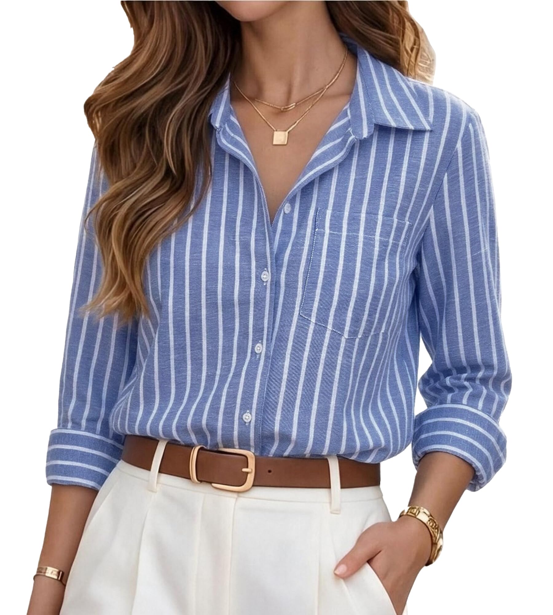 Esabel.C Striped Button Down Shirts for Women Linen Shirt Long Sleeve