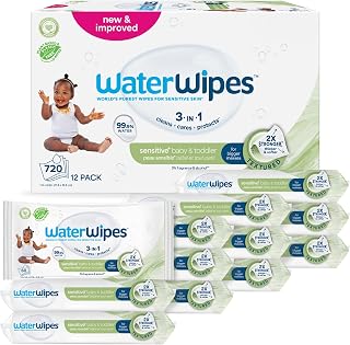 WaterWipes Sensitive+ Baby & Toddler Wipes, 99.9% Water, Unscented, 12 Pack | 3-in-1, cleans, cares & protects, textured clean, hypoallergenic formula, 720 count for everyday use