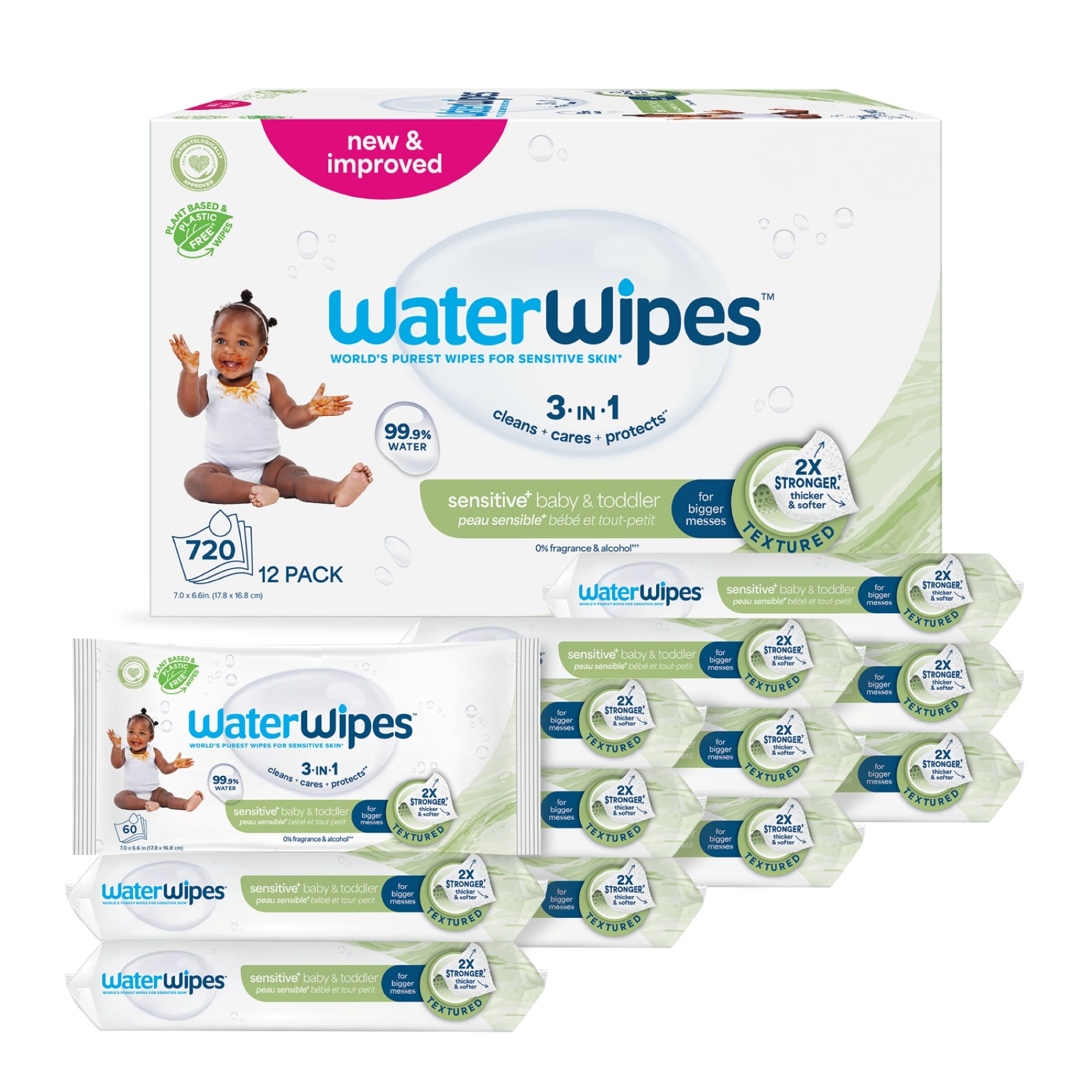 WaterWipes Sensitive+ Baby & Toddler Wipes, 99.9% Water, Unscented, 12 Pack | 3-