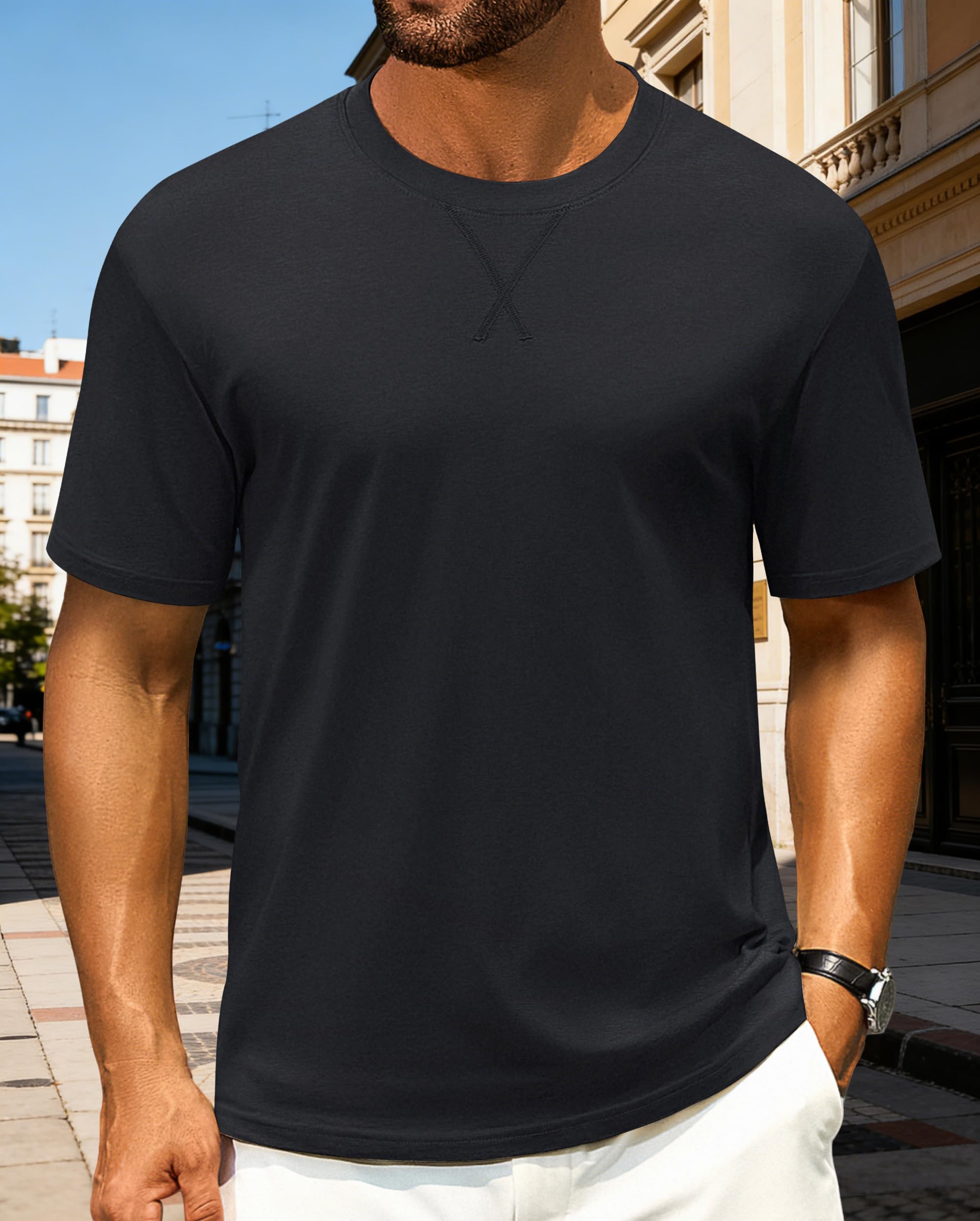 Men's Cotton Casual T-Shirt Short Sleeve Drop Shoulder Crew Neck Basic Tees