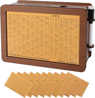 Wooden Money Saving Box, Piggy Bank for Kids & Adults - Reusable $10,000 Savings Challenge Box with Progress Tracker & Cash Vault, Educational Savings Gift for Boys Girls Ages 3-12 (10 Amounts)