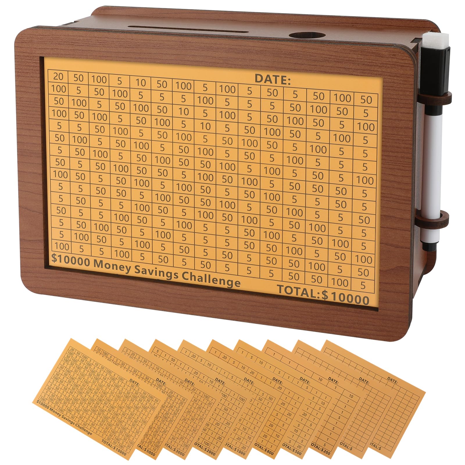 Wooden Money Saving Box, Piggy Bank for Kids & Adults - Reusable $10,000 Savings