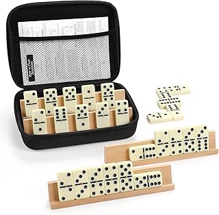 uvcany Dominoes Set Adults with 4 Wooden Racks/Trays Double Six Dominoes Travel Set with Portable Case Double 6 Dominoes Set with 4 Tiles Holders 28 Tiles Dominos Set Family Classic Board Games White