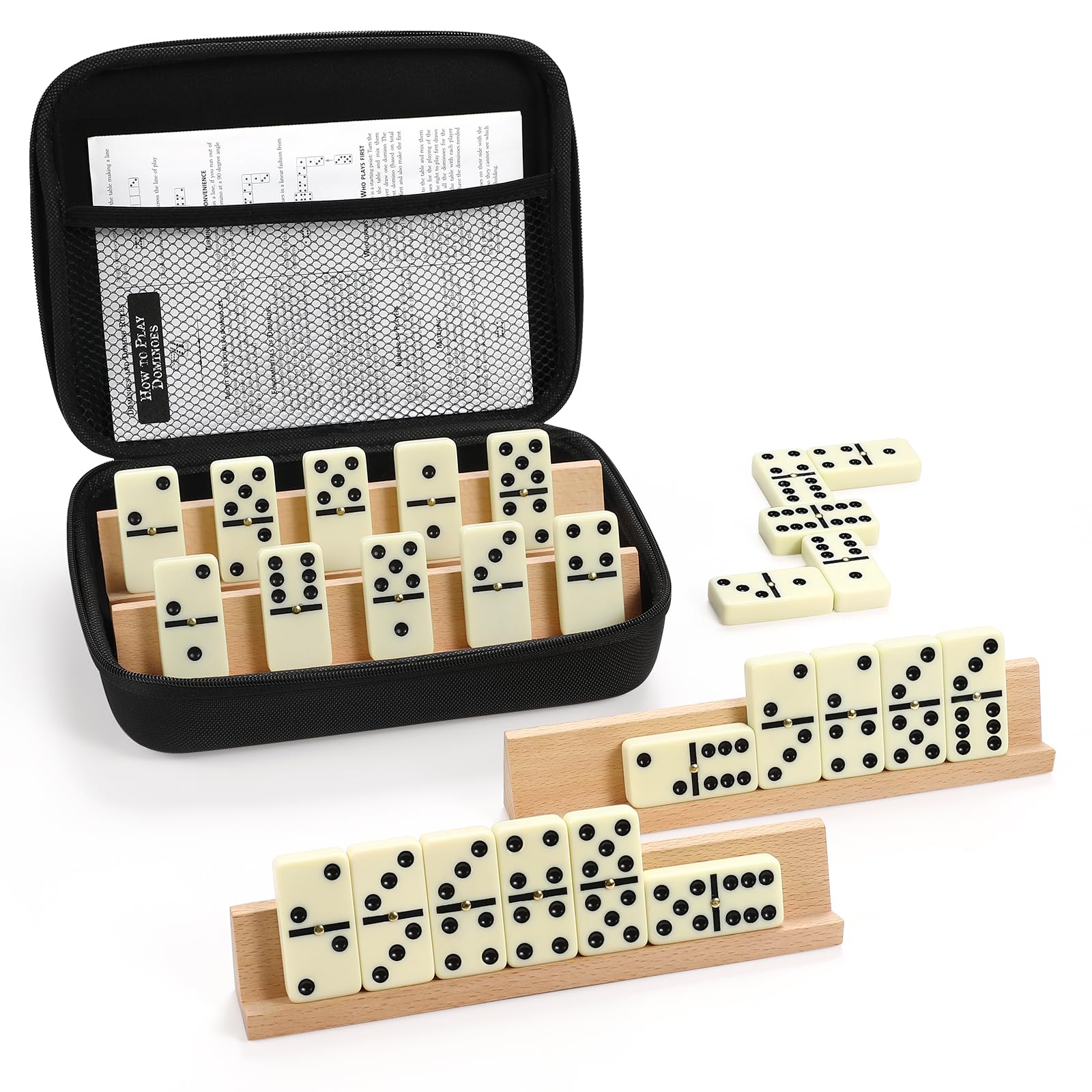 uvcany Dominoes Set Adults with 4 Wooden Racks/Trays Double Six Dominoes Travel 