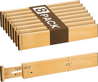 Bamboo Drawer Divider Set of 8, Adjustable Spring-Loaded Drawer Organizer (16.9"-22.2"), 2.3" Height, Suitable for Kitchen, Desk, Bathroom, Clothing, and Miscellaneous Drawer Organization, Natural