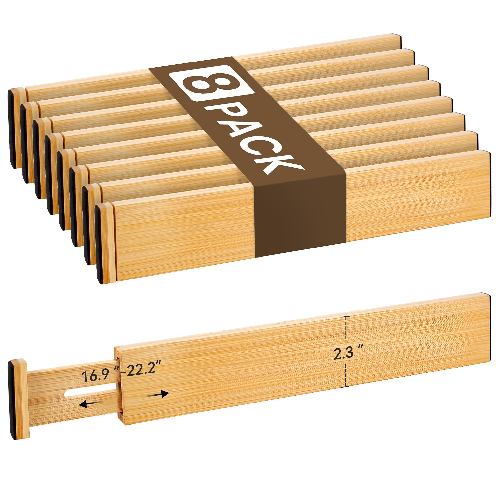 Bamboo Drawer Divider Set of 8, Adjustable Spring-Loaded Drawer Organizer (16.9"