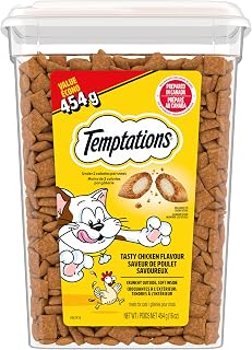 TEMPTATIONS Adult Cat Treats, Chicken Flavour, 454g Tub | Crunchy outside, soft inside, no artificial flavours, under 2 calorie per treat, 100% nutritionally complete and balanced