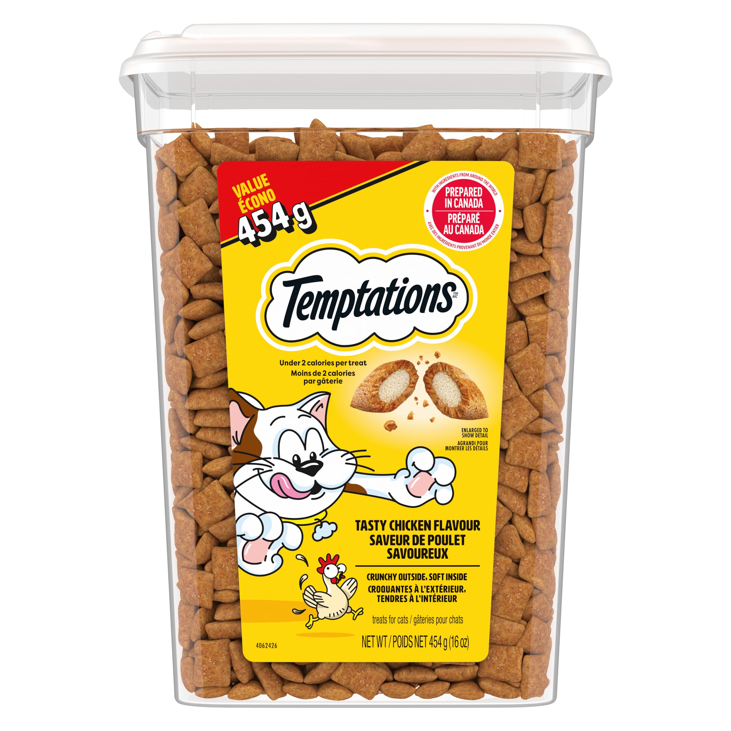 TEMPTATIONS Adult Cat Treats, Chicken Flavour, 454g Tub | Crunchy outside, soft 