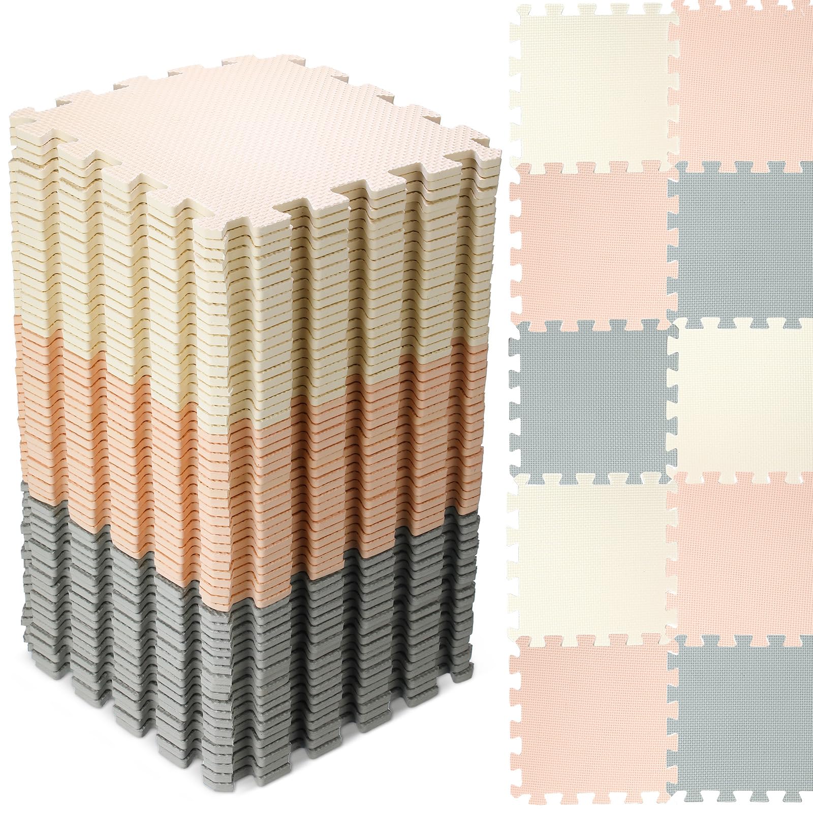 Nuanchu 60 PCS Kids Foam Puzzle Mat,White, Cream, Gray | 12 Inch, Solid Color Fo