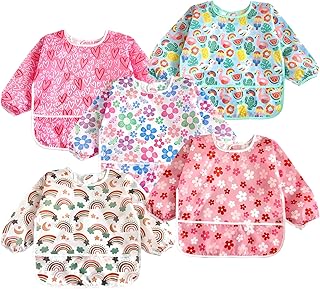 PandaEar 5 Pack Baby Long Sleeve Bibs| Waterproof Full Sleeve Bib for Baby Infant Toddler 6-36 Months