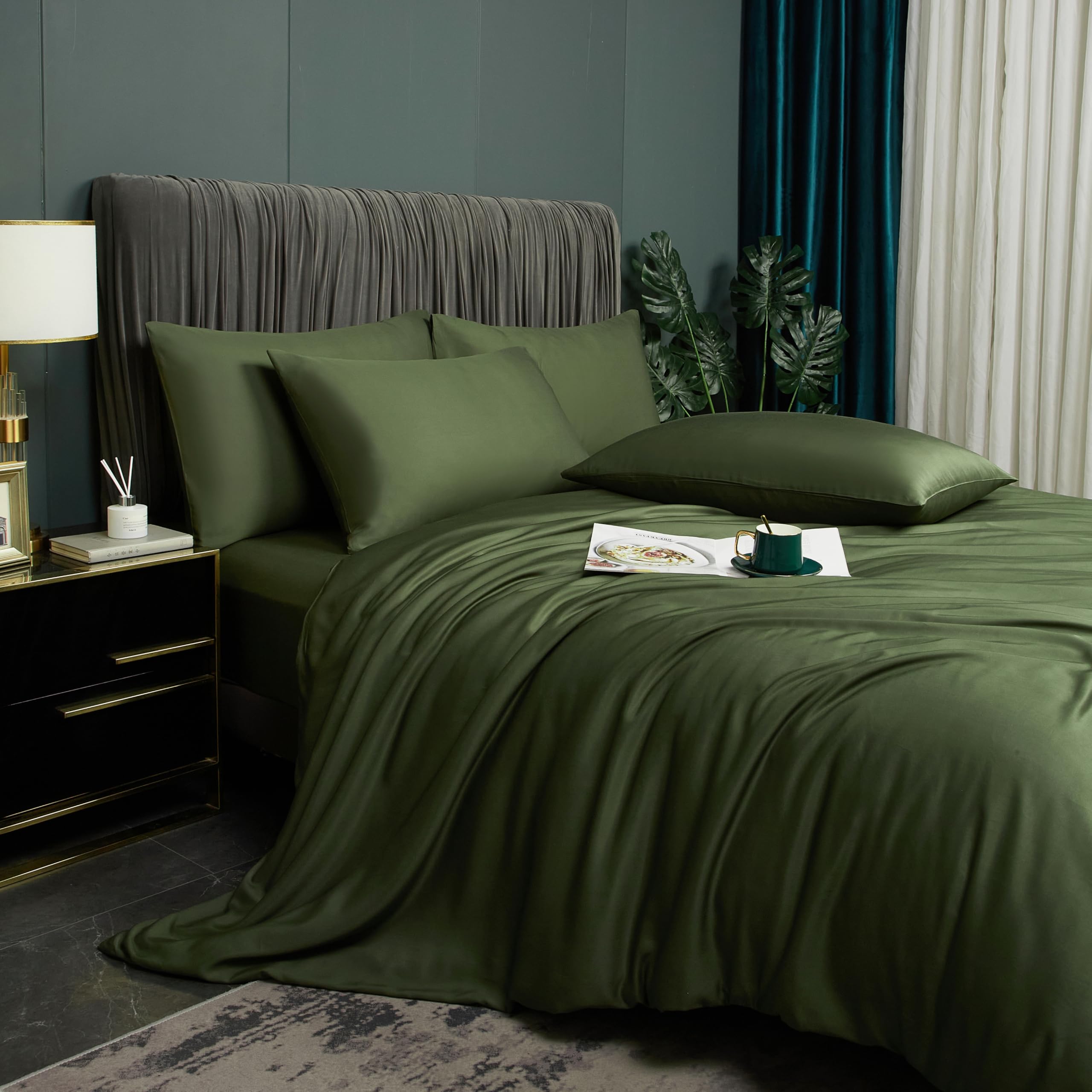 Bamboo Bed Linen Green Olive Green 135 x 200 cm Smooth Luxury Summer Bed Linen