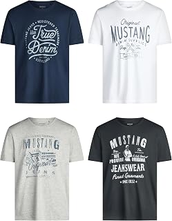 MUSTANG Men's Cotton T-Shirt, Regular Fit, Pack of 4, Crew Neck, Short Sleeve, Summer T-Shirt, Logo Print, Black, White, Grey, Blue, Green, S, M, L, XL, XXL, 3XL, 4XL, 5XL, 6XL