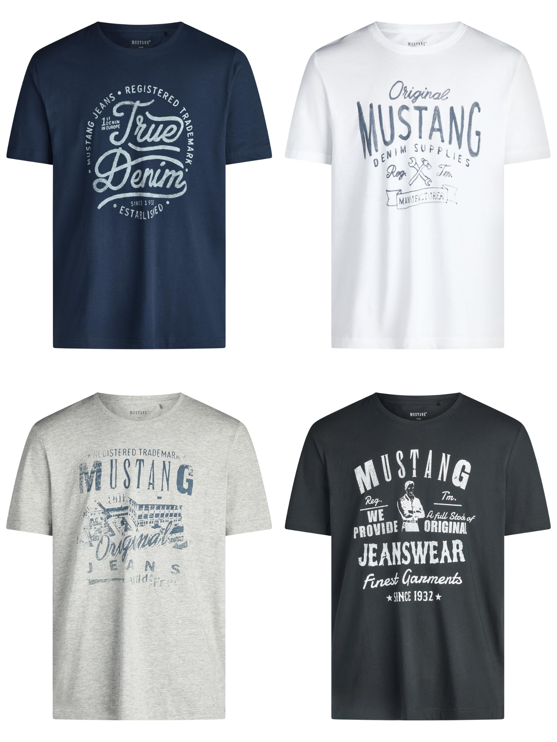 MUSTANG Men's Cotton T-Shirt, Regular Fit, Pack of 4, Crew Neck, Short Sleeve, S