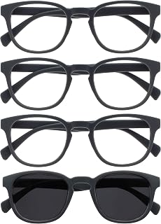 OPULIZE Pop Pack of 4 Reading Glasses with Sunglasses Retro Round Smooth Matte Grey Men Women RRRS2-7 +3.00